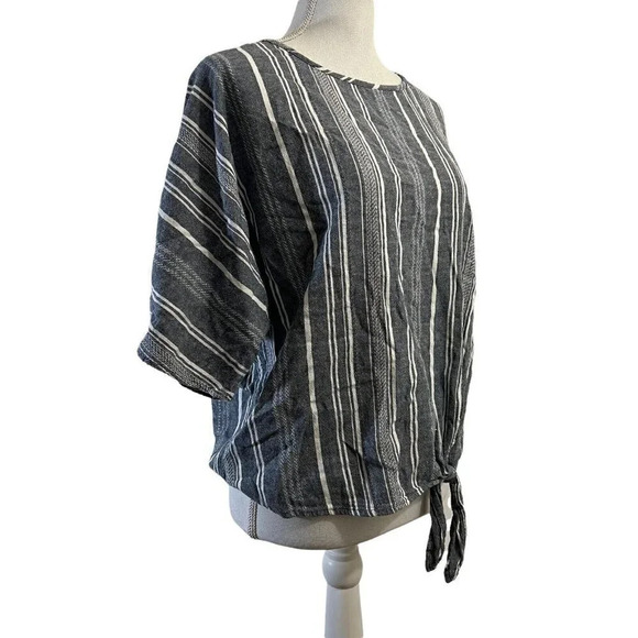 Time and Tru Striped Blouse Front Knotted Hem Small Linen Blend Blue White Top - Picture 2 of 7